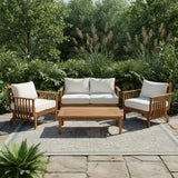 4-Piece Acacia Wood Patio Sofa Set, Outdoor Conversation Set with Loveseat, 2 Chairs & Slatted Coffee Table, Natural+Beige