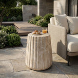 Modern Carved Outdoor Side Table, Travertine Look MGO End Table, Durable Lightweight Concrete Pedestal Accent Table