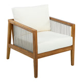 Outdoor Club Chair Patio Accent Chair Leisure Rope Armchair with Water-repellent Cushion & Weather-Resistant Wood Frame, Beige+Teak