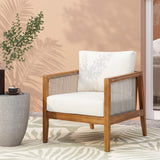 Outdoor Club Chair Patio Accent Chair Leisure Rope Armchair with Water-repellent Cushion & Weather-Resistant Wood Frame, Beige+Teak