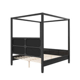 Queen Size Canopy Bed 4-poster Platform Bed Frame with Padded Upholstered Headboard & Support Slats, Black