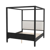 Queen Size Canopy Bed 4-poster Platform Bed Frame with Padded Upholstered Headboard & Support Slats, Black