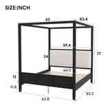 Queen Size Canopy Bed 4-poster Platform Bed Frame with Padded Upholstered Headboard & Support Slats, Black