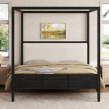 Queen Size Canopy Bed 4-poster Platform Bed Frame with Padded Upholstered Headboard & Support Slats, Black