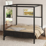 Queen Size Canopy Bed 4-poster Platform Bed Frame with Padded Upholstered Headboard & Support Slats, Black