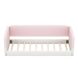 Twin Size Montessori Floor Bed, Velvet Low Profile Platform Bed with Upholstered Headboard and Protective Side Rail for Kids