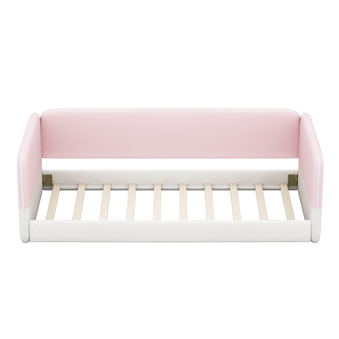 Twin Size Montessori Floor Bed, Velvet Low Profile Platform Bed with Upholstered Headboard and Protective Side Rail for Kids