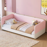 Twin Size Montessori Floor Bed, Velvet Low Profile Platform Bed with Upholstered Headboard and Protective Side Rail for Kids
