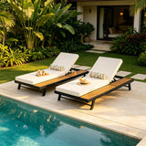 Outdoor Chaise Lounge Set with Soft Cushion & Adjustable Back, Patio Sunbathing Bed Daybed with Flat Storage Surface, Black&Cream&Teak