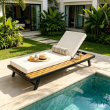 Outdoor Chaise Lounge Set with Soft Cushion & Adjustable Back, Patio Sunbathing Bed Daybed with Flat Storage Surface, Black&Cream&Teak
