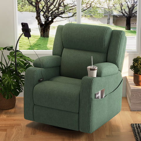 Electric Power Recliner 270° Swivel Rocker Upholstered Accent Chair Sofa Chair with Phone Holder, USB Port, Storage Arm, Side Pocket, Cup Holder,Green