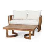 2pcs Outdoor Loveseat and Coffee Table Set, Acacia Wood Patio Conversation Furniture with Cushions, Teak & Beige