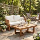 2pcs Outdoor Loveseat and Coffee Table Set, Acacia Wood Patio Conversation Furniture with Cushions, Teak & Beige