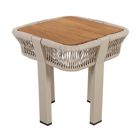 Square Patio End Table Outdoor Accent Table Acacia Wood Side Table with Handwoven Rope Accents & Metal Frame