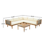 4-Piece Outdoor Patio Furniture Set, Acacia Wood L-Shape Sofa Set with Handwoven Wicker Accents, Cushions & Coffee Table