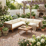 4-Piece Outdoor Patio Furniture Set, Acacia Wood L-Shape Sofa Set with Handwoven Wicker Accents, Cushions & Coffee Table