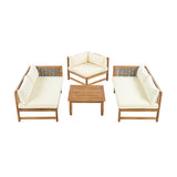 4-Piece Outdoor Patio Furniture Set, Acacia Wood L-Shape Sofa Set with Handwoven Wicker Accents, Cushions & Coffee Table