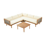 4-Piece Outdoor Patio Furniture Set, Acacia Wood L-Shape Sofa Set with Handwoven Wicker Accents, Cushions & Coffee Table