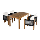 5-Piece Luxury Outdoor Patio Dining Set, Acacia Wood Dinner Table & 4 Rope Woven Chairs with Cushions