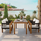 5-Piece Luxury Outdoor Patio Dining Set, Acacia Wood Dinner Table & 4 Rope Woven Chairs with Cushions