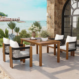 5-Piece Luxury Outdoor Patio Dining Set, Acacia Wood Dinner Table & 4 Rope Woven Chairs with Cushions