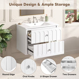 30" Floating Bathroom Vanity with Ceramic Sink, Wall Mount Bathroom Vanity with Oval Knobs & Soft-Close Drawer Slides