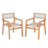 Set of 2 Outdoor Dining Chairs Patio Accent Chair Rope Woven Armchair with Weather-Resistant Acacia Wood Frame, Teak