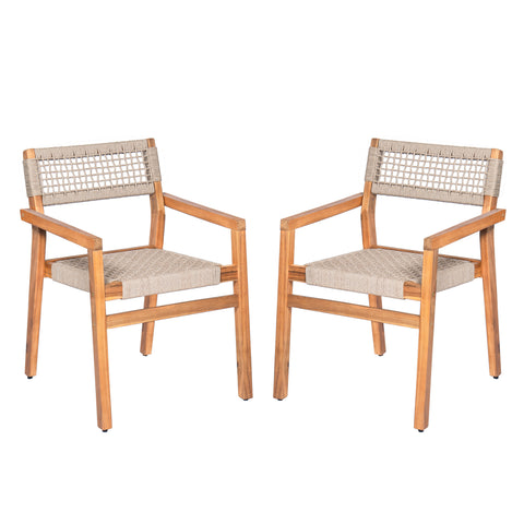 Set of 2 Outdoor Dining Chairs Patio Accent Chair Rope Woven Armchair with Weather-Resistant Acacia Wood Frame, Teak