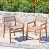 Set of 2 Outdoor Dining Chairs Patio Accent Chair Rope Woven Armchair with Weather-Resistant Acacia Wood Frame, Teak