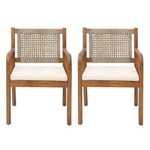 Set of 2 Outdoor Dining Chairs Patio Accent Chair Armchair with Water-repellent Cushion & Weather-Resistant Acacia Wood Frame, Cream+Brown