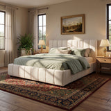 Upholstered Platform Bed Frame, King Size Boucle Bed Frame with Vertical Stripe Tufted Headboard, Off-White