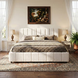 Upholstered Platform Bed Frame, King Size Boucle Bed Frame with Vertical Stripe Tufted Headboard, Off-White