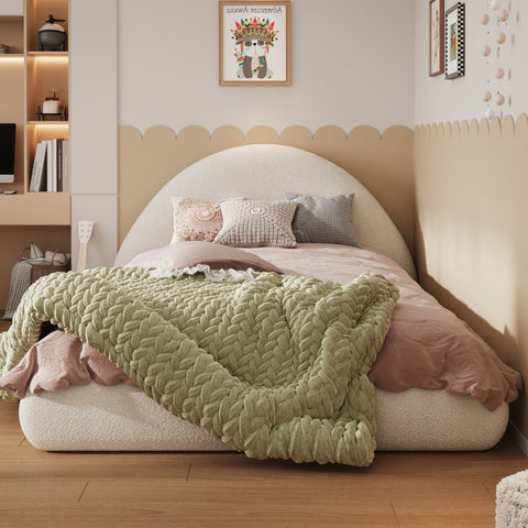 Twin Size Upholstered Platform Bed Frame, Low-Profile Floor Bed with Fleece Curved Arc Headboard