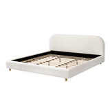 California King Upholstered Platform Bed Frame with 4" Thick Curved Headboard & Solid Wood Legs, White