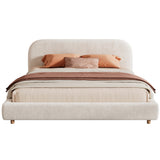 California King Upholstered Platform Bed Frame with 4" Thick Curved Headboard & Solid Wood Legs, White