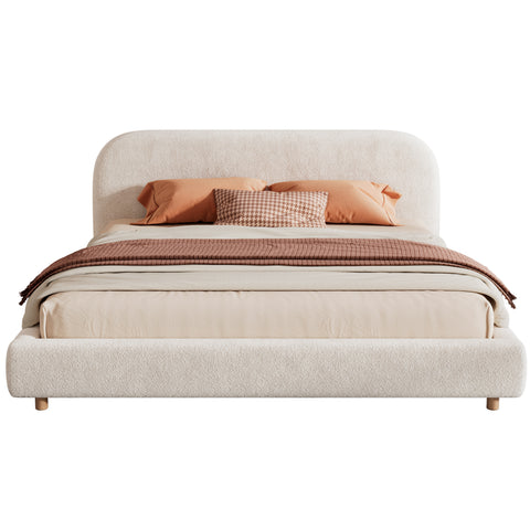 California King Upholstered Platform Bed Frame with 4" Thick Curved Headboard & Solid Wood Legs, White
