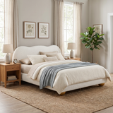 California King Upholstered Platform Bed Frame with 4" Thick Curved Headboard & Solid Wood Legs, White