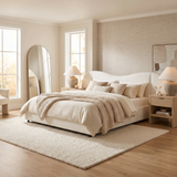 King Upholstered Platform Bed Frame, Boucle Bedstead with Wide M-Shaped Curved Headboard, Off-White