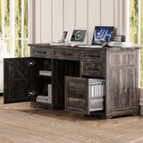 Farmhouse 55" Home Office Computer Desk, Executive Desk with 5 Drawers, Charging Station & Cabinet