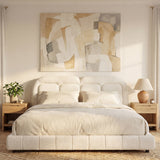 King Size Upholstered Platform Bed Frame with Tufted Headboard, No Box Spring Required, White