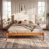 Mid-Century Modern Platform Bed Frame, King Size Upholstered Tufted Headboard Bedstead with Rubberwood Tapered Legs