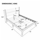 Mid-Century Modern Platform Bed Frame, King Size Upholstered Tufted Headboard Bedstead with Rubberwood Tapered Legs