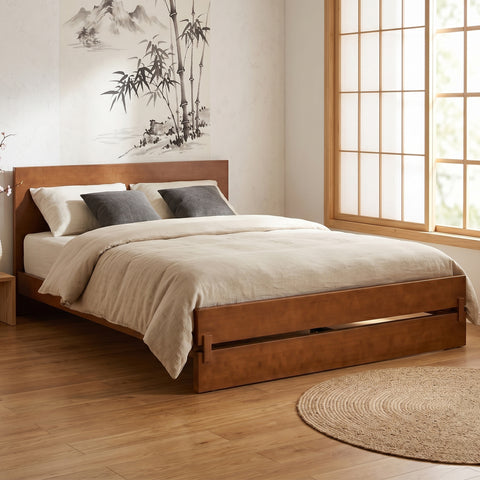 Queen Size Platform Bed Frame, Solid Bamboo Bed Frame with Headboard, Mid-Century Modern Style