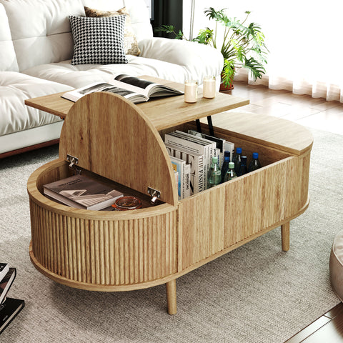 Oval Coffee Table with Hidden Storage & Lift-Top, Wood Wave Grain Finish Center Table for Living Room, Office, Apartment
