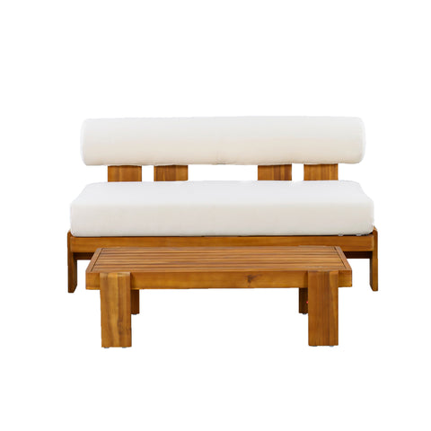 Patio Seating Set Outdoor Loveseat & Coffee Table Set Garden Conversation Set Chat Set with Waterproof Cushion, Beige,Teak