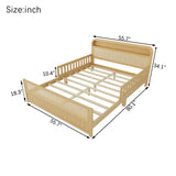 Full Size Platform Bed Frame with Safety Guardrails, LED Lights & Storage Headboard, Boho Rattan Kids Bed Frame