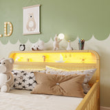 Full Size Platform Bed Frame with Safety Guardrails, LED Lights & Storage Headboard, Boho Rattan Kids Bed Frame