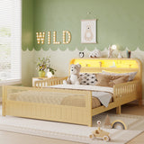 Full Size Platform Bed Frame with Safety Guardrails, LED Lights & Storage Headboard, Boho Rattan Kids Bed Frame