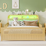Full Size Platform Bed Frame with Safety Guardrails, LED Lights & Storage Headboard, Boho Rattan Kids Bed Frame