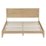 King Solid Rubberwood Platform Bed Frame with Rattan Headboard, Mid-Century Boho Bed Frame with Central Support Beams